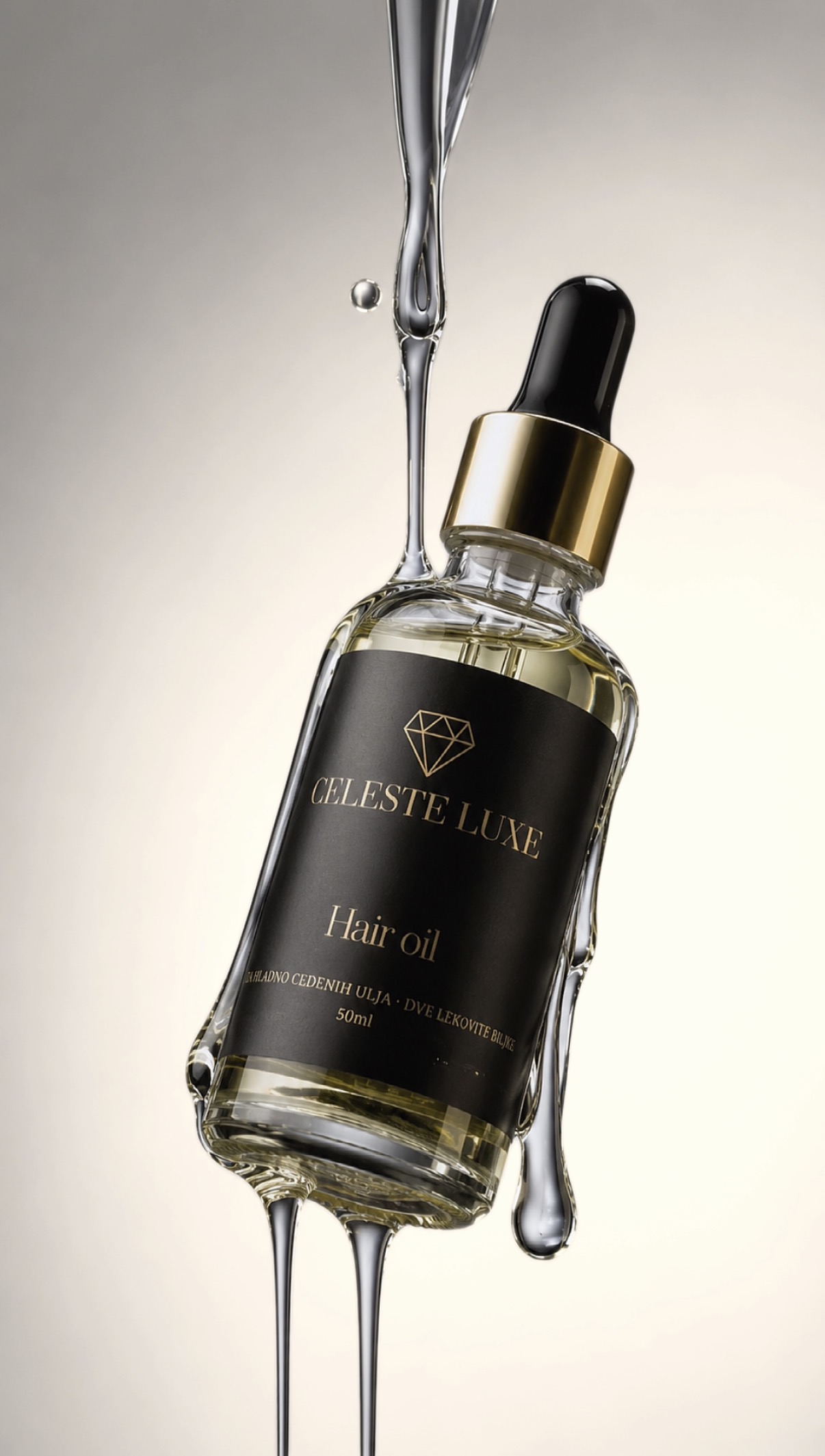 Celeste Luxe Hair Oil — staklena bočica sa zlatnim uljem koje se preliva, 50 ml, ručno punjeno