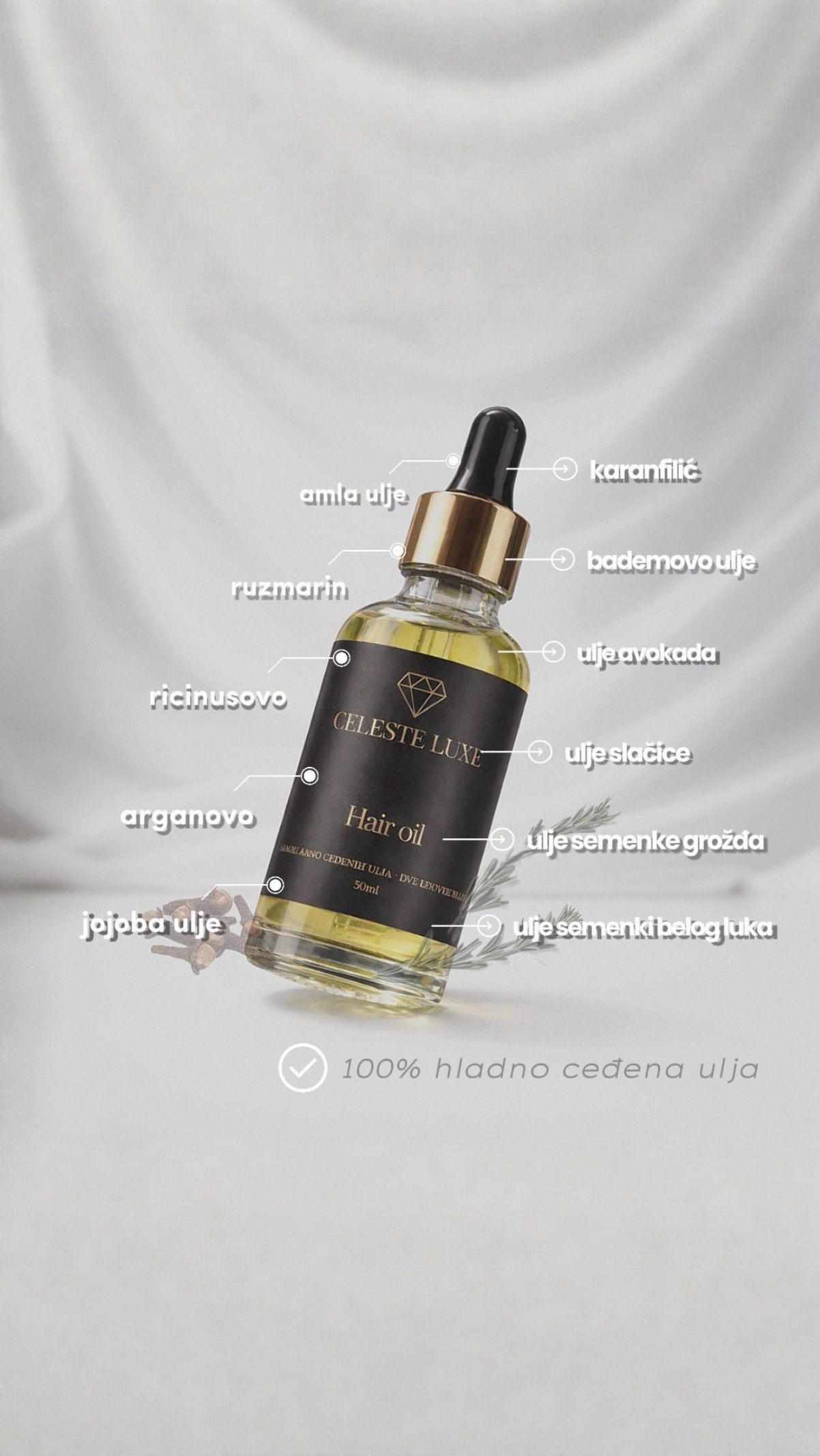 Celeste Luxe — bočica sa svim sastojcima označenim: amla, karanfilić, ruzmarin, bademovo, ricinus, avokado, argan, slačica, jojoba i semenke grožđa