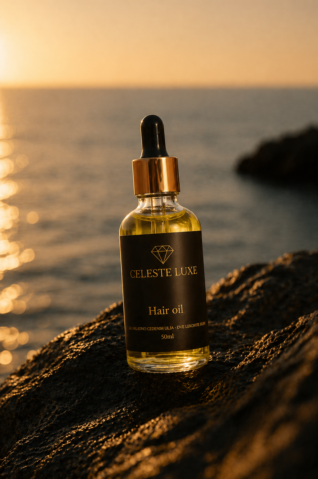 Celeste Luxe bočica na steni pored mora u zalasku sunca